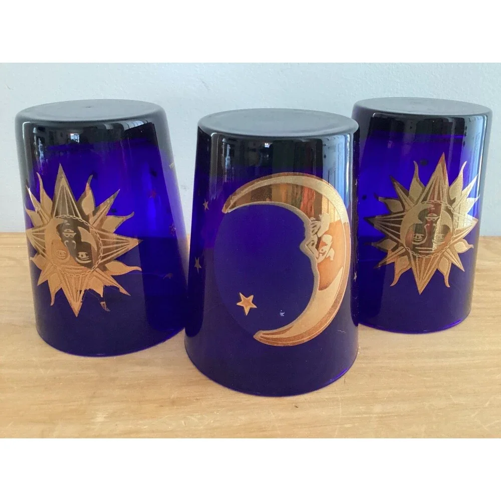 Set 3 Culver Cobalt Blue Glasses Gold Sun Moon Stars USA 12 oz Cocktail Glass